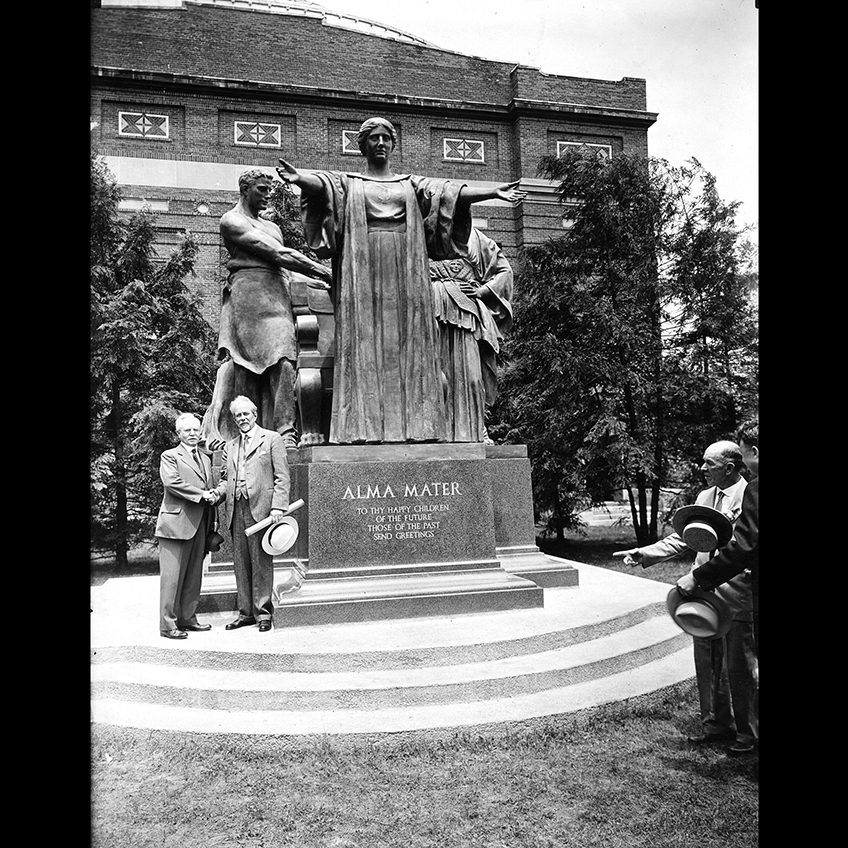 President David Kinley and Lorado Taft in front of Taft's 'Alma Mater' during the sculpture's dedication.