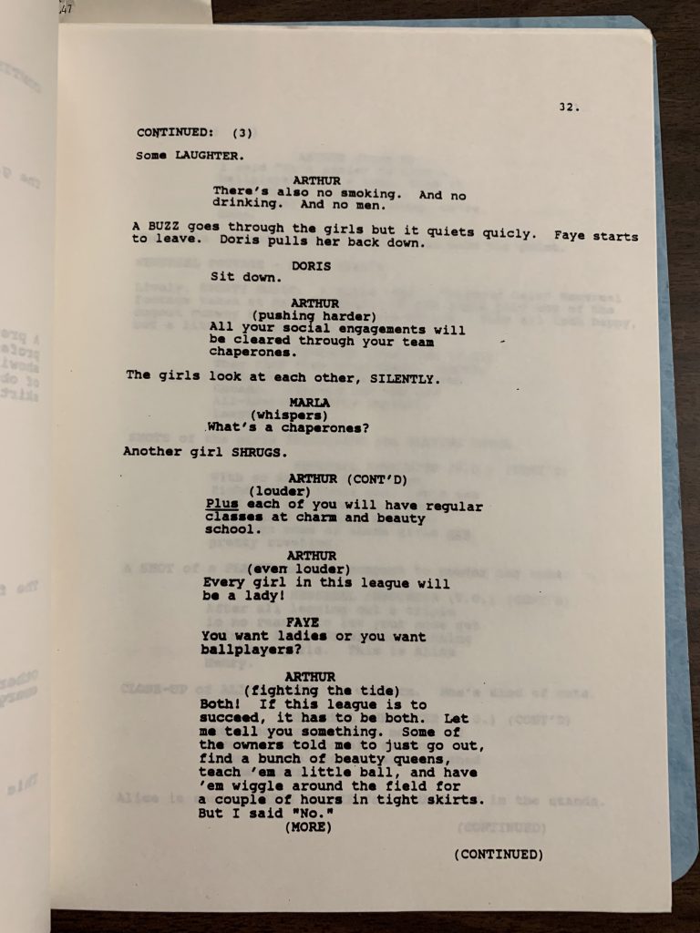 A page from the script of A League of Their Own
