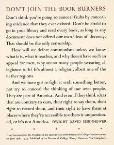 Portion of speech by Dwight D. Eisenhower at Dartmouth College in 1953, beginning "Don't join the book burners..."