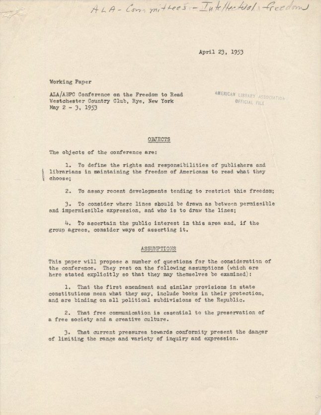 First page of the working paper for the ALA/ABPC Freedom to Read Conference.