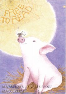 Pig with a spider on its nose. Caption reads "Free to Read."