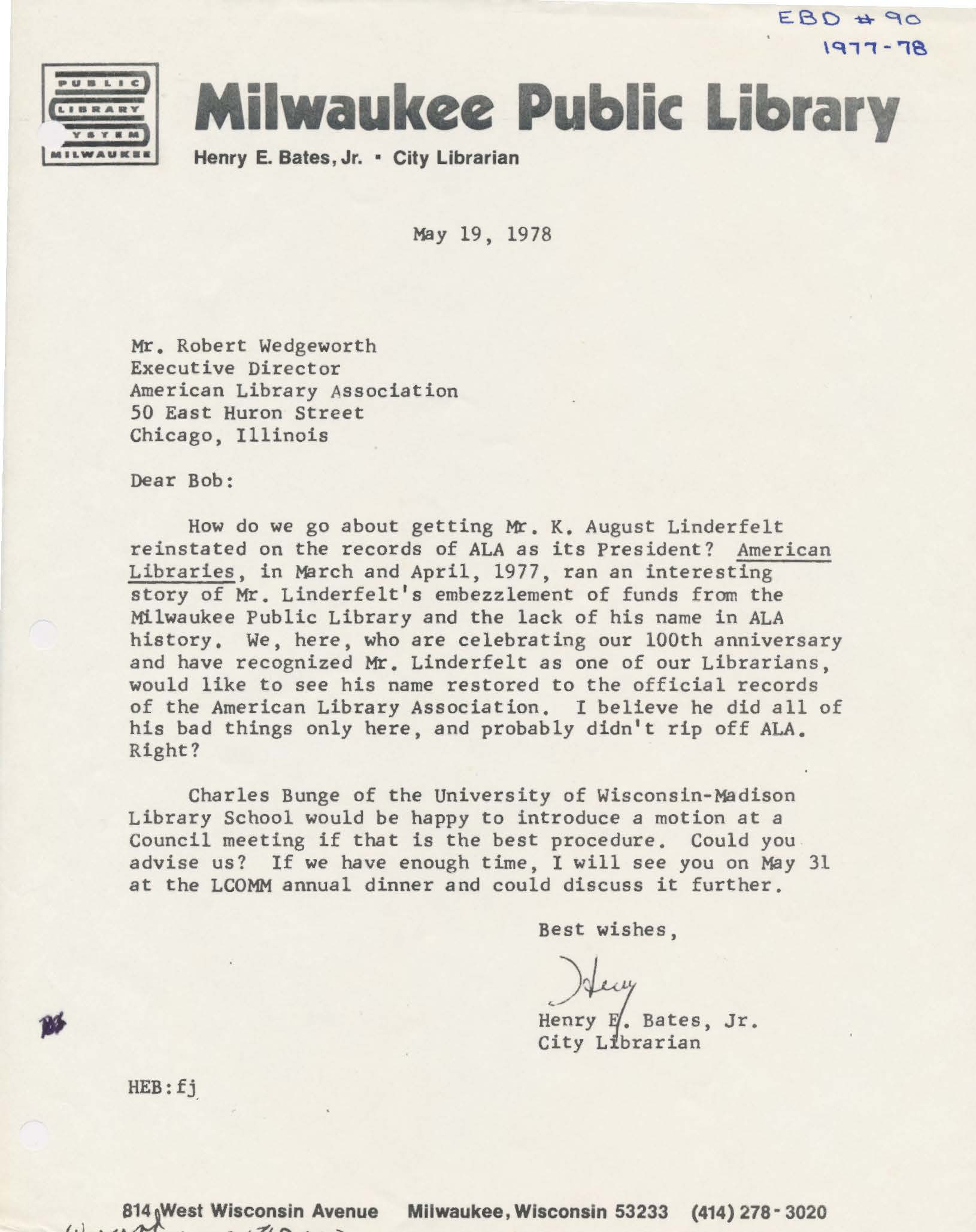 Letter from Henry Bates Jr. to Robert Wedgeworth about K. A. Linderfelt.