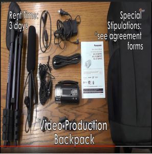 all items included with the video production backpack which includes: Tripod, AC adapter, Lavalier microphone, Mini-HDMI to HDMI Cable, Panasonic Video Camcorder, Basic owner's manual, Shotgun microphone, USB to USB mini 2.0, 5m cable, Three Tripod mounts and adapters, Tripod sliding mount