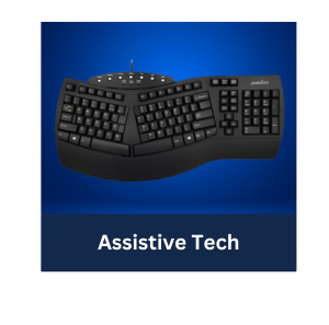 Ergonomic keyboard against gradient blue background with text "Assistive Tech" links to reservation page