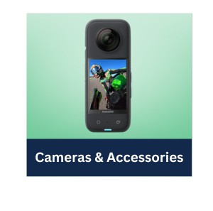 360 camera against gradient green background wit text "Camera & Accessories" links to reservation page