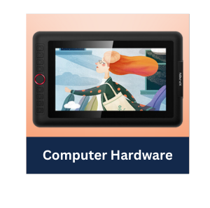 Drawing tablet against gradient orange background with text "Computer Hardware" links to reservation page