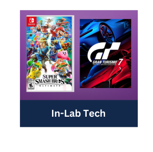 Super Smash Bros and Gran Turismo game covers against gradient purple background wit text "In-Lab Tech" links to reservation page