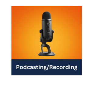 Yeti microphone against gradient orange background wit text "Podcasting/Recording" links to reservation page