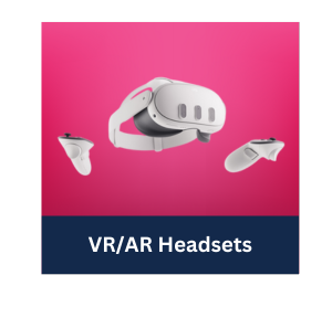 Quest 3 headset against gradient pink background wit text "VR/AR Headsets" links to reservation page