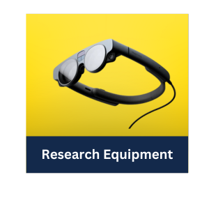 Magic Leap 2 against gradient yellow background with text "Research Equipment" links to reservation page