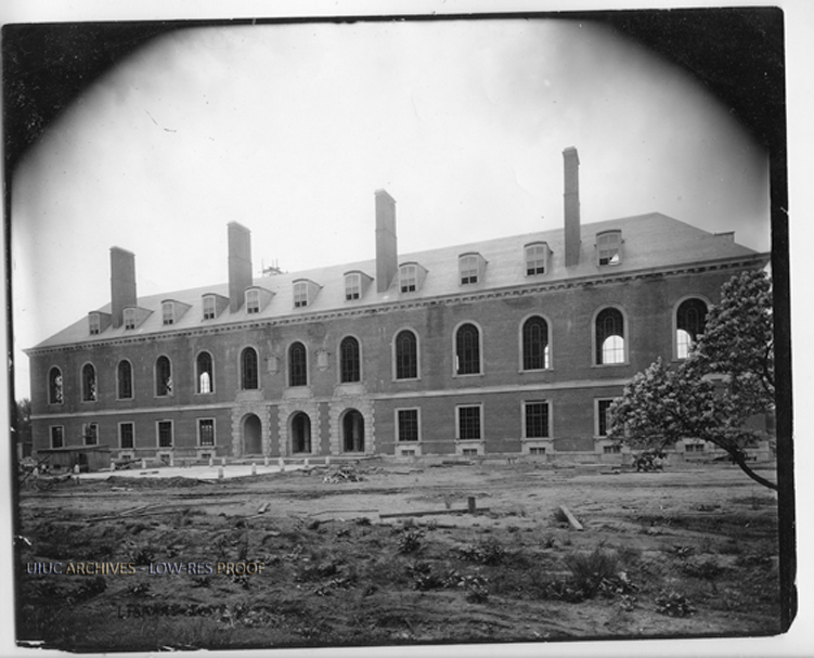 Photograph of library building under construction from the University of Illinois Archives