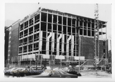 Photo from the University of Illinois Archives of the main stacks of the library undergoing construction as part of the sixth addition to the main stacks