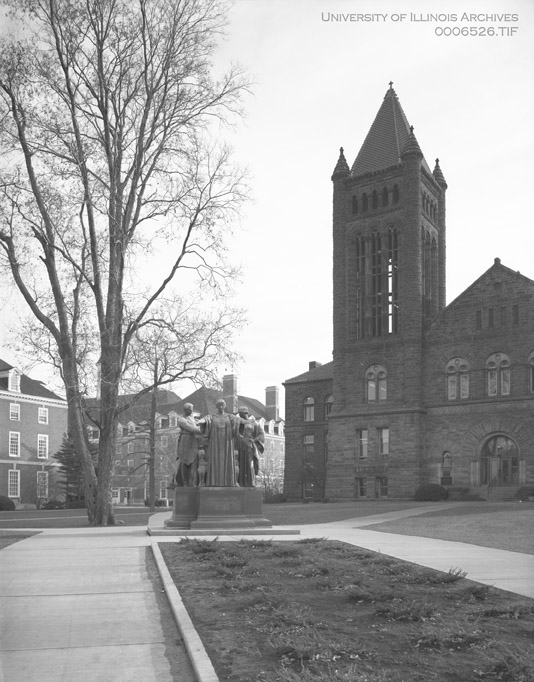 photo from the University of Illinois Archives of Altgeld Hall and Alma Mater statue, Illini Union building also visible