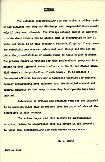 Preface page from "A General Account of the Development of Methods of Using Atomic Energy for Military purposes under the Auspices of the United States Government"