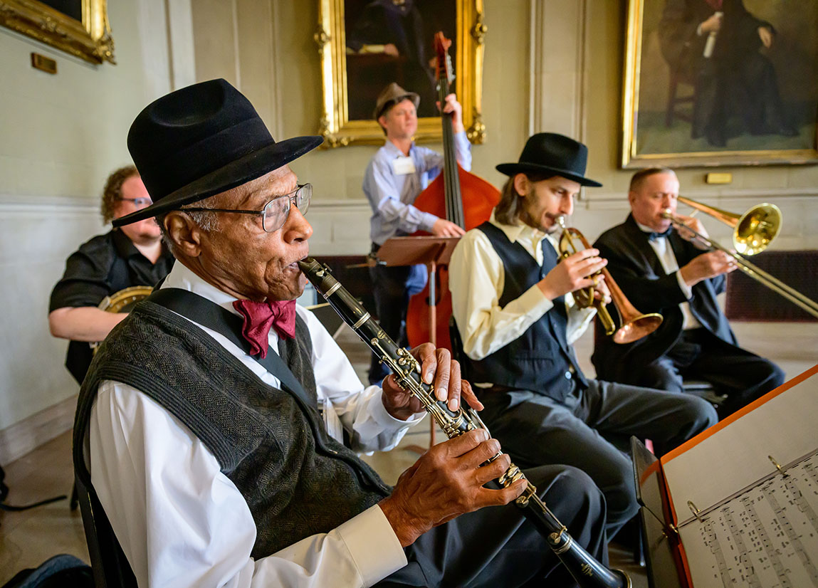 A quintet performs music from the 1920s in the Library Gallery