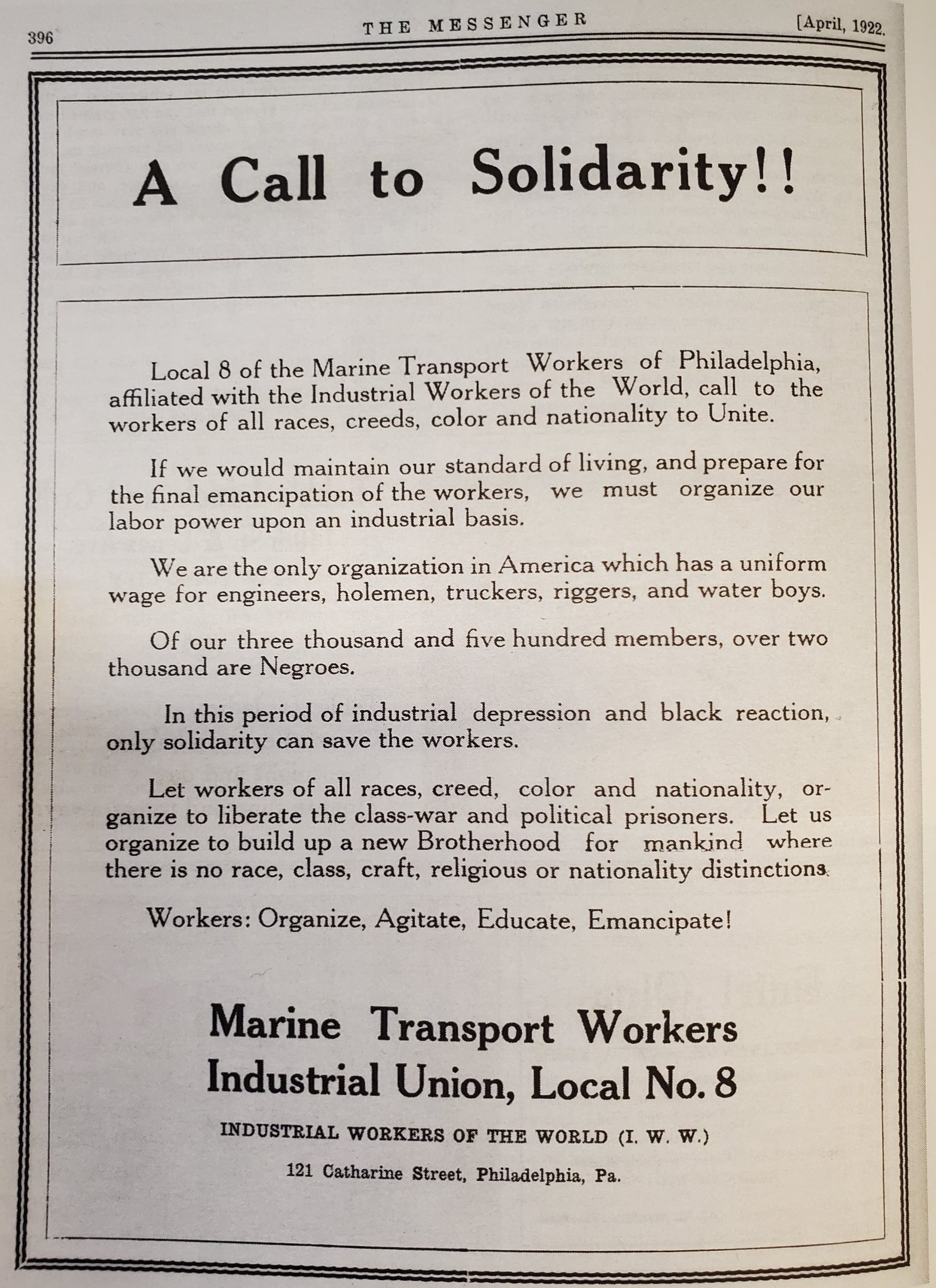 sample ad for Local 8 in IWW's Messenger publication