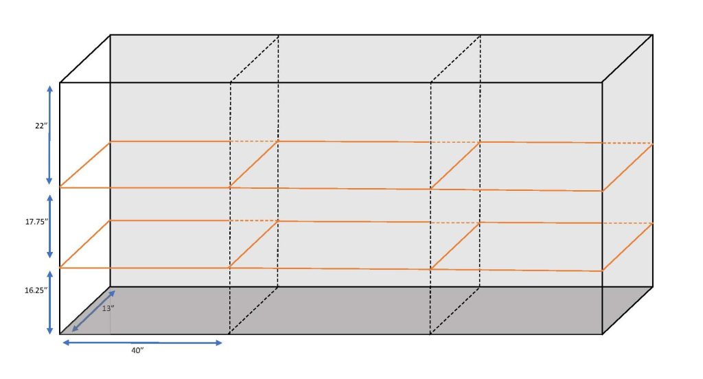 Isometric representation of display case, with height, width, and depth dimensions.