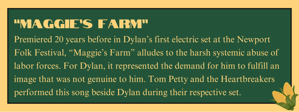 Exhibit label in yellow text against a green background with yellow border and corn illustration. Text includes heading "maggie's farm" and paragraph text providing context.