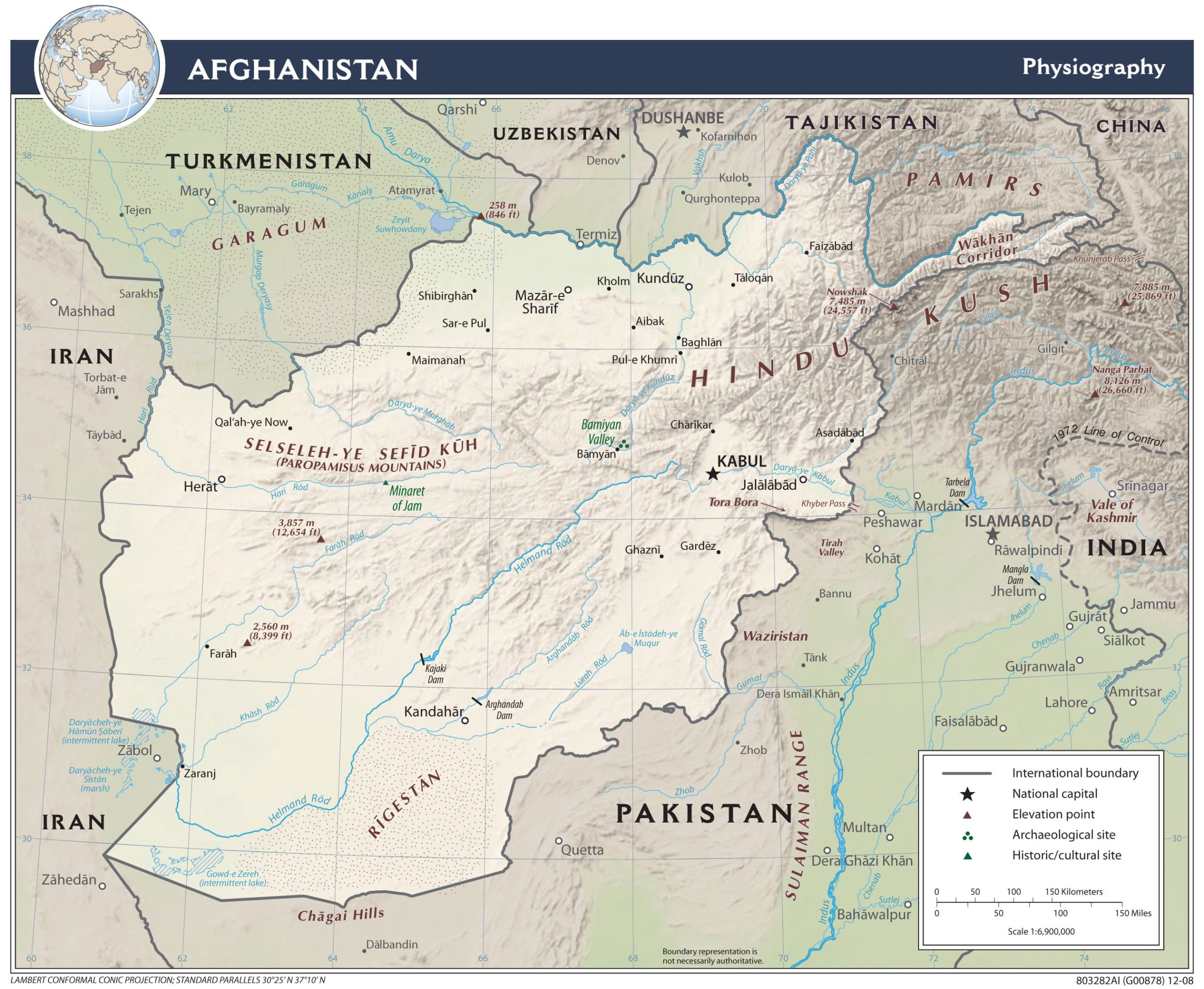 Detailed map of Afghanistan, highlighting major cities, roads, and geographical features