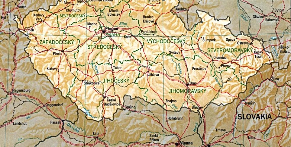 Detailed map of Czech and Slovak regions