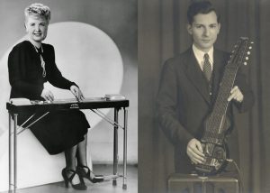Letritia Kandle sitting with her MultiKord and Eddie Alkire with his prototype Eharp.